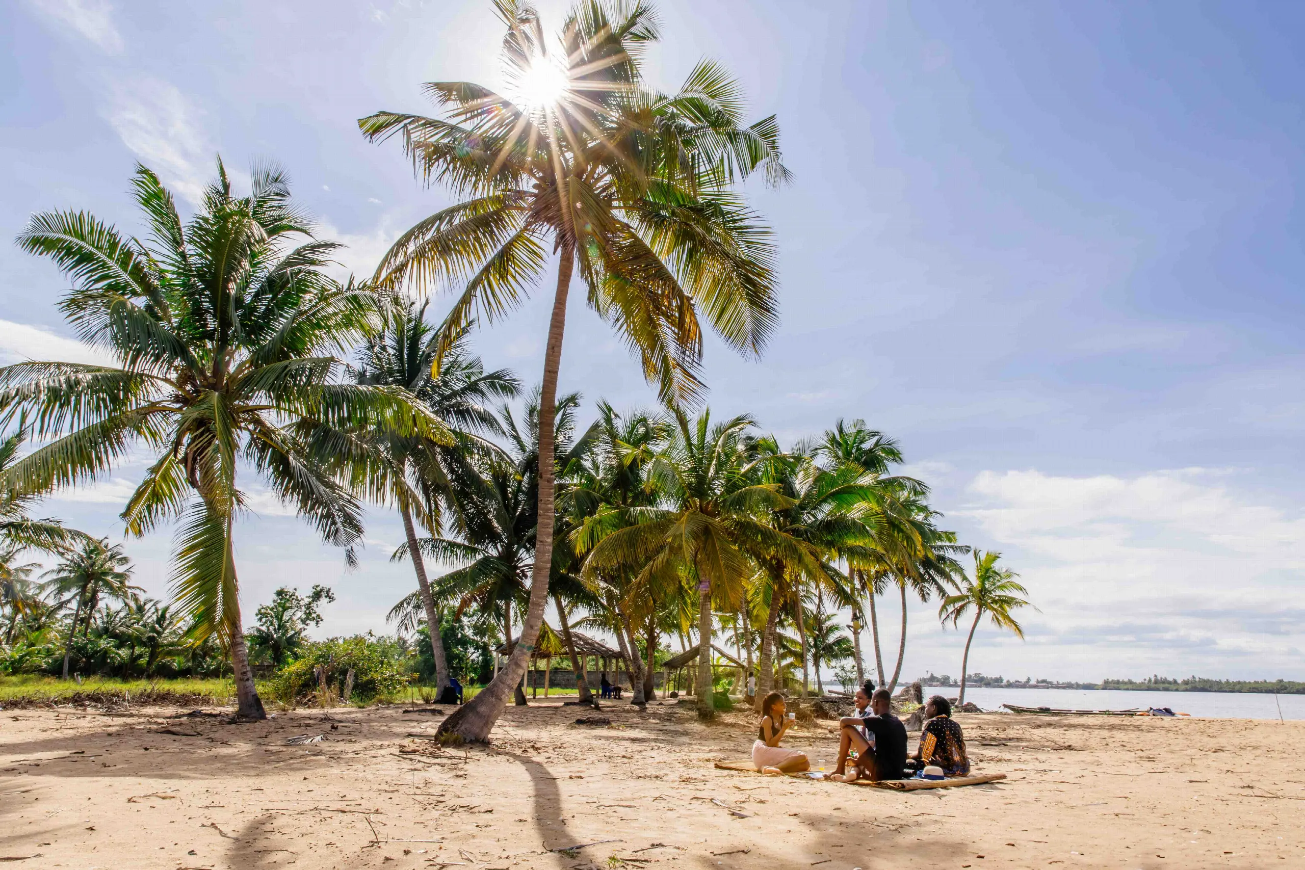 Cocotiers à contre-jour sur un banc de sable, avec au loin l’eau calme de l’embouchure et quelques personnes assises à l’ombre